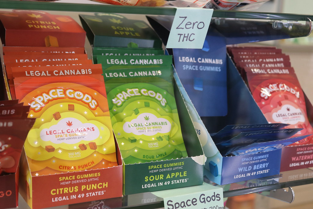 Retail display of packaged cannabis gummies